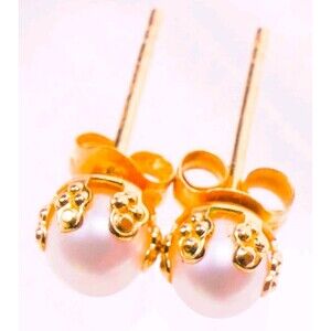 Vintage 14K Yellow Gold 4mm Cultured Freshwater Pearl Stud Earrings Signed